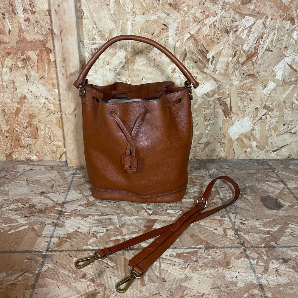 Madewell Bucket Bag Women Medium Cognac Brown Leather Drawstring Crossbody - Picture 3 of 16